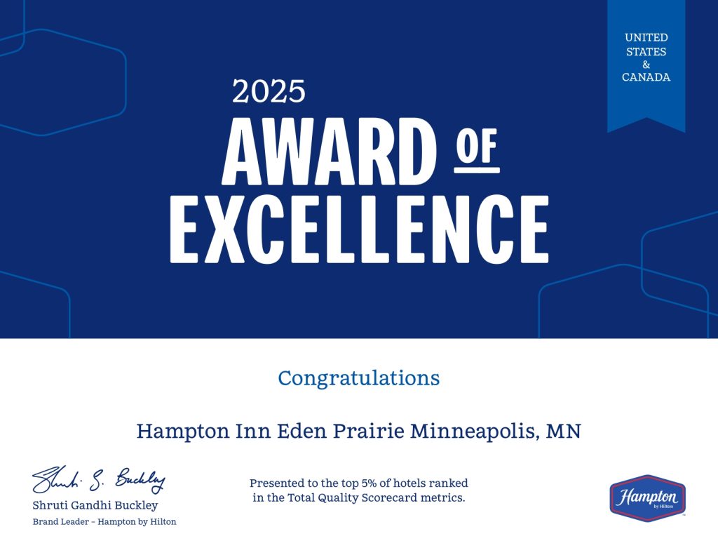 Hampton Eden Prairie receives the Hilton 2025 Award of Excellence