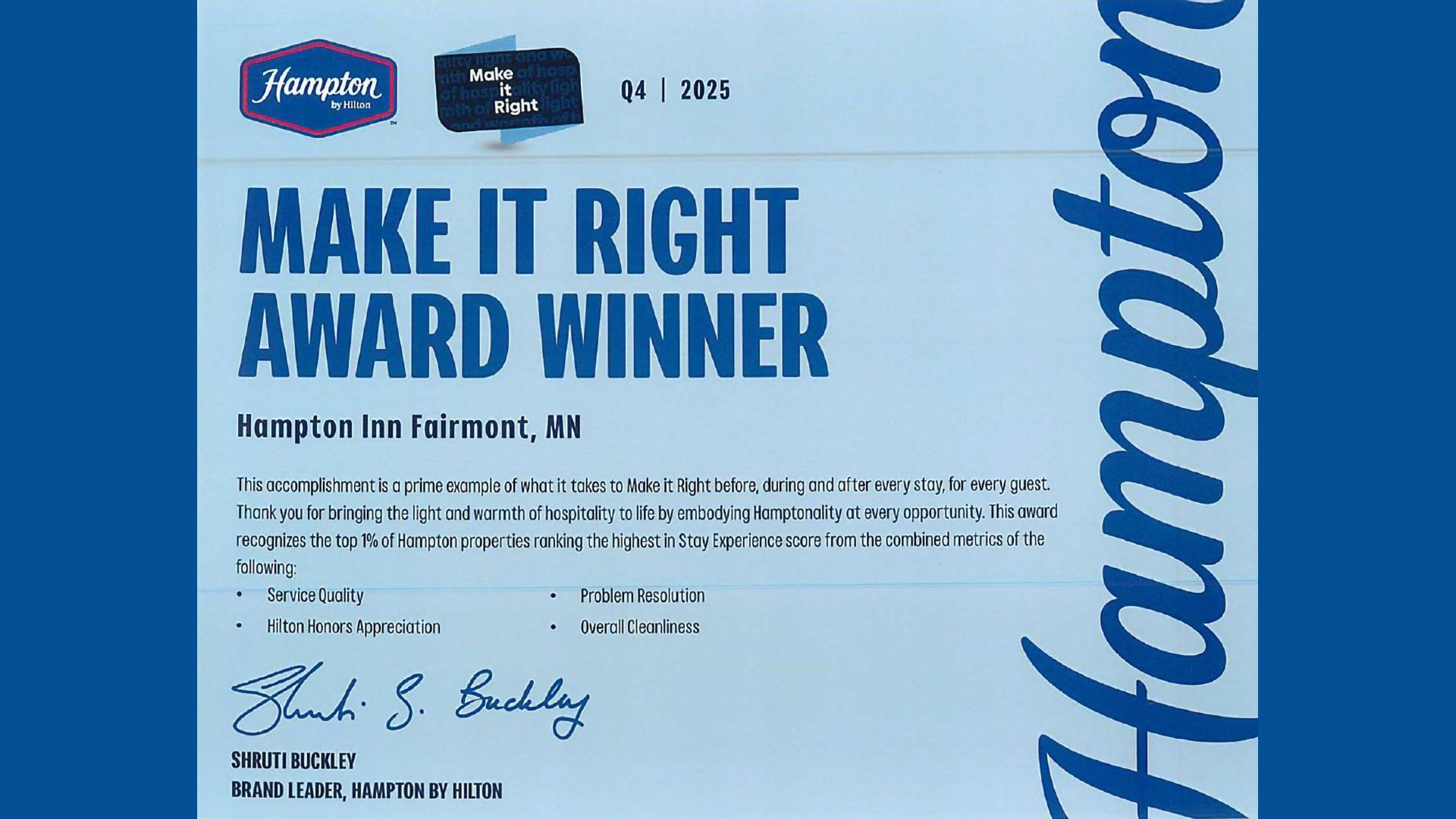Hampton Fairmont wins Hampton's Make It Right Award